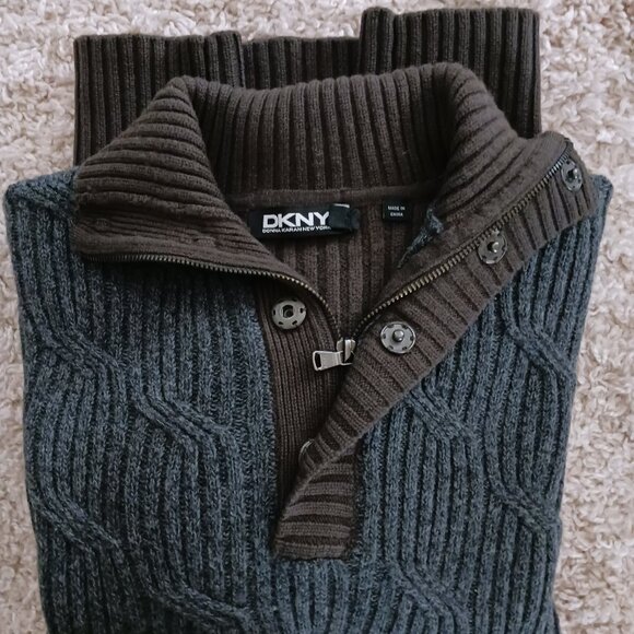 DKNY Mens 1/4 Zip Pullover Sweater Long Sleeve Collar Domes 100% Wool Sz XL Grey - Picture 4 of 8